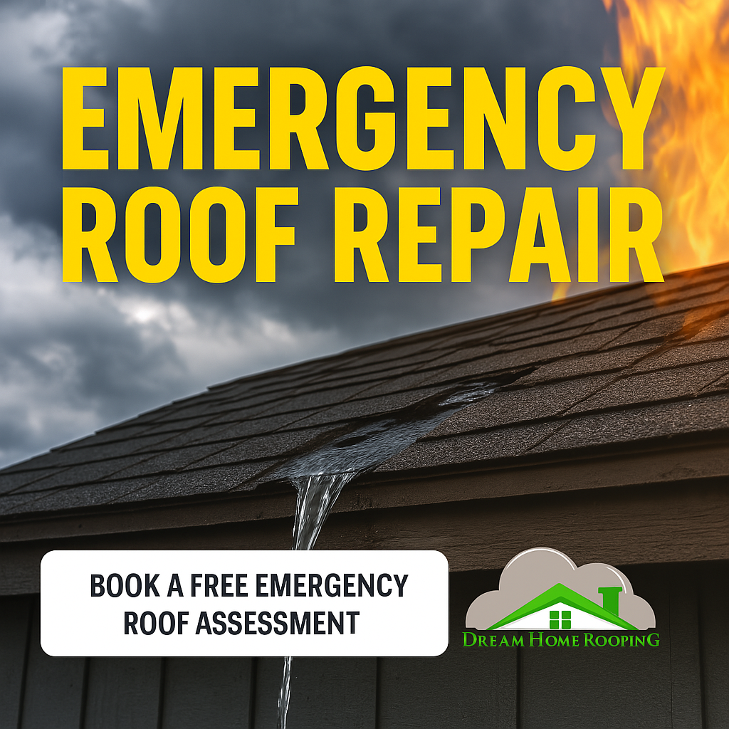 Emergency roof repair graphic showing water damage and fire risk on an asphalt roof with bold call-to-action and Dream Home Roofing logo.