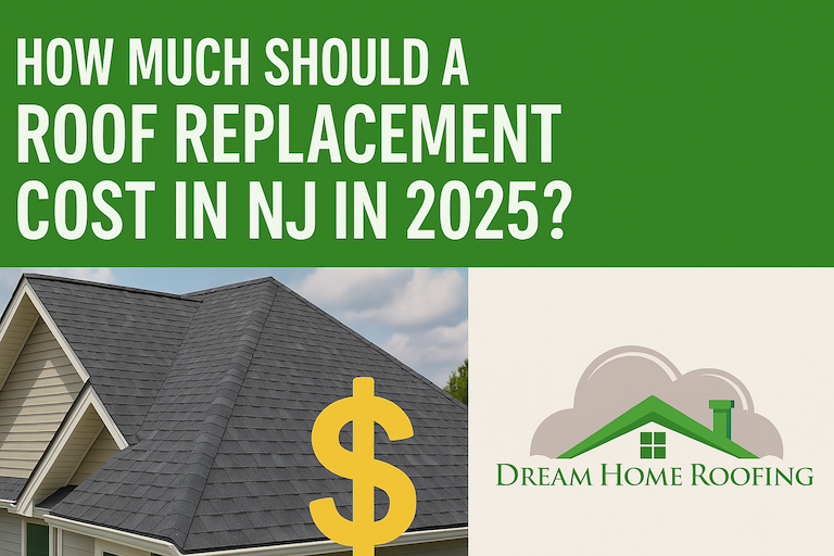 Dream Home Roofing blog image showing a new roof and dollar sign under the title 'How Much Should a Roof Replacement Cost in NJ in 2025?'