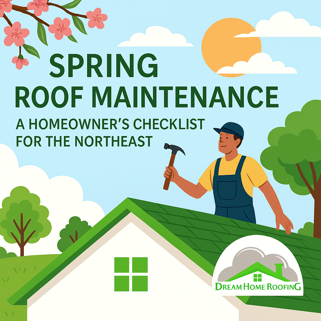 Roofing technician performing spring inspection on a shingle roof in New Jersey, surrounded by cherry blossoms and blue skies.