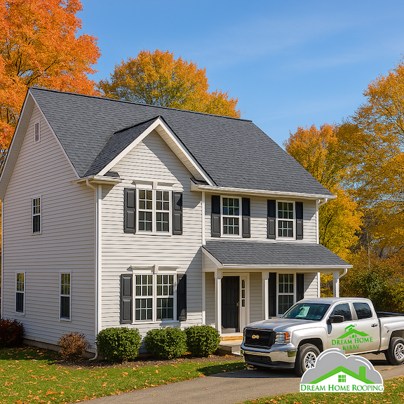 Dream Home roofers installing a new residential roof in Hopewell, NJ during peak fall season