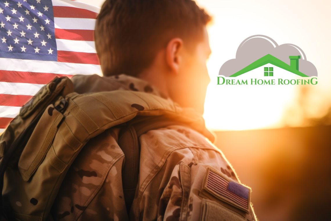 U.S. military veteran standing in front of an American flag, representing Dream Home Roofing’s veteran-owned roofing program with GAF Roofs for Troops